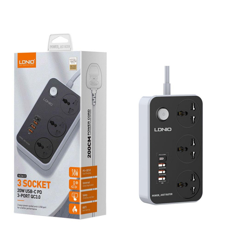SURGE PROTECTOR LDNIO SC3412 3*OUT 3*USB-A 1*TYPE-C 2M 2500W