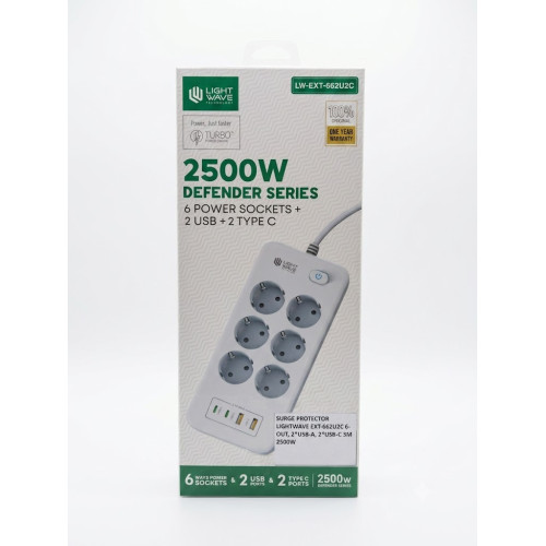 TORPAK GORAGÇYSY LIGHTWAVE EXT-662U2C 6-ÇYKYŞ, 2*USB-A, 2*USB-C 3M 2500W