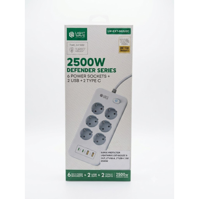 TORPAK GORAGÇYSY LIGHTWAVE EXT-662U2C 6-ÇYKYŞ, 2*USB-A, 2*USB-C 3M 2500W