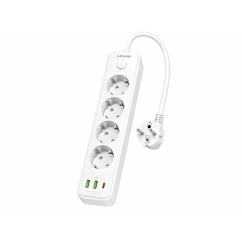 Розетка питания AXIVNO AX-2413U, 4 выхода, 2 порта USB-A, USB-C, длина кабеля 3 м, мощность 2500 Вт.
