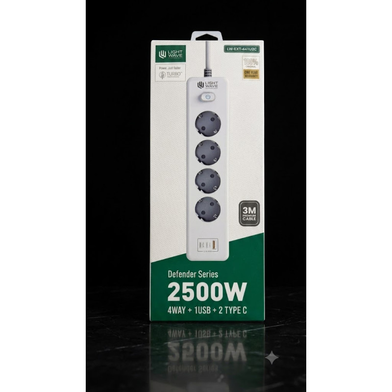 SURGE LIGHTWAVE PROTECTOR EXT-441U2C 4-OUT, 1*USB-A, 2*USB-C 3M 2500W